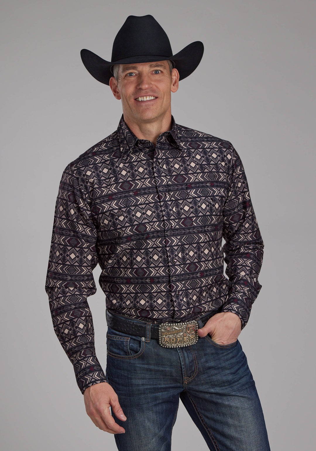 MENS POP COLOR AZTEC PRINT LONG SLEEVE SNAP WESTERN SHIRT