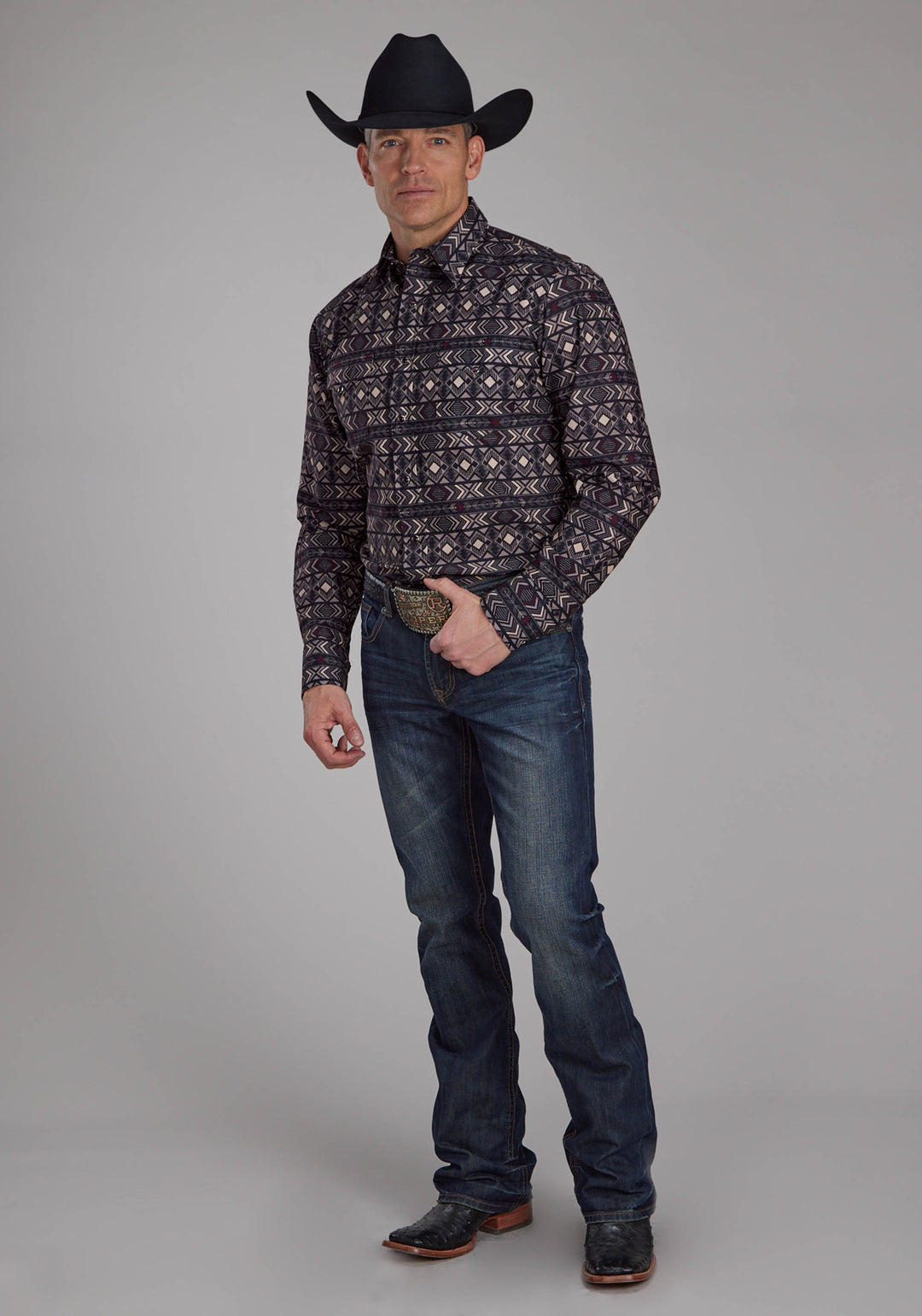 MENS POP COLOR AZTEC PRINT LONG SLEEVE SNAP WESTERN SHIRT