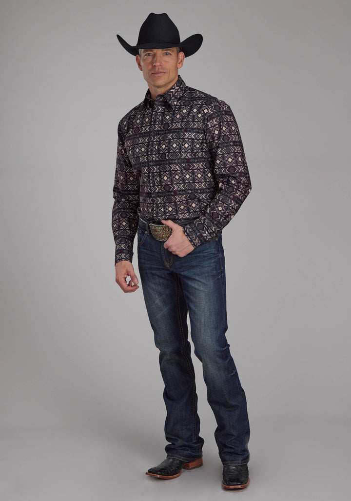 MENS POP COLOR AZTEC PRINT LONG SLEEVE SNAP WESTERN SHIRT