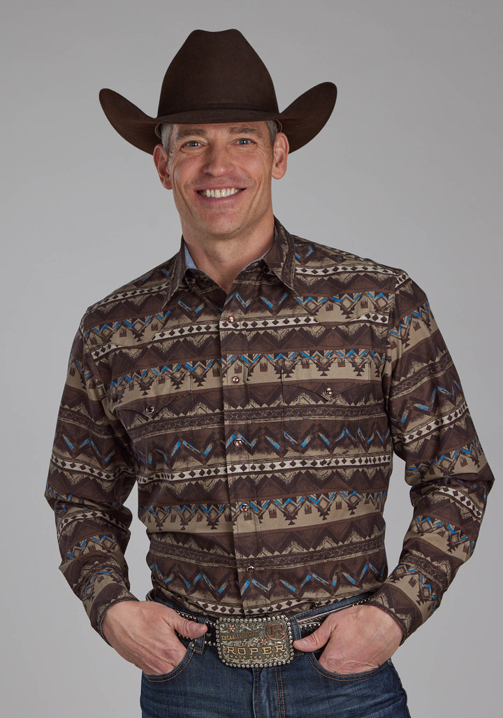 MENS DISTRESSED AZTEC PRINT LONG SLEEVE SNAP WESTERN SHIRT