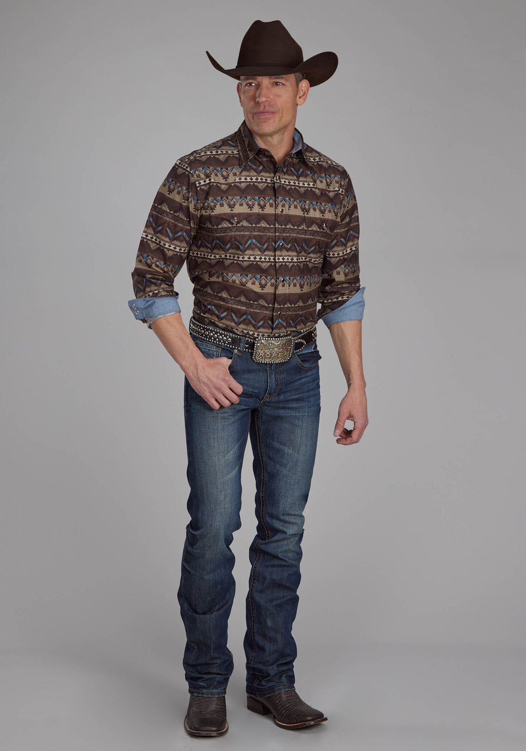 MENS DISTRESSED AZTEC PRINT LONG SLEEVE SNAP WESTERN SHIRT