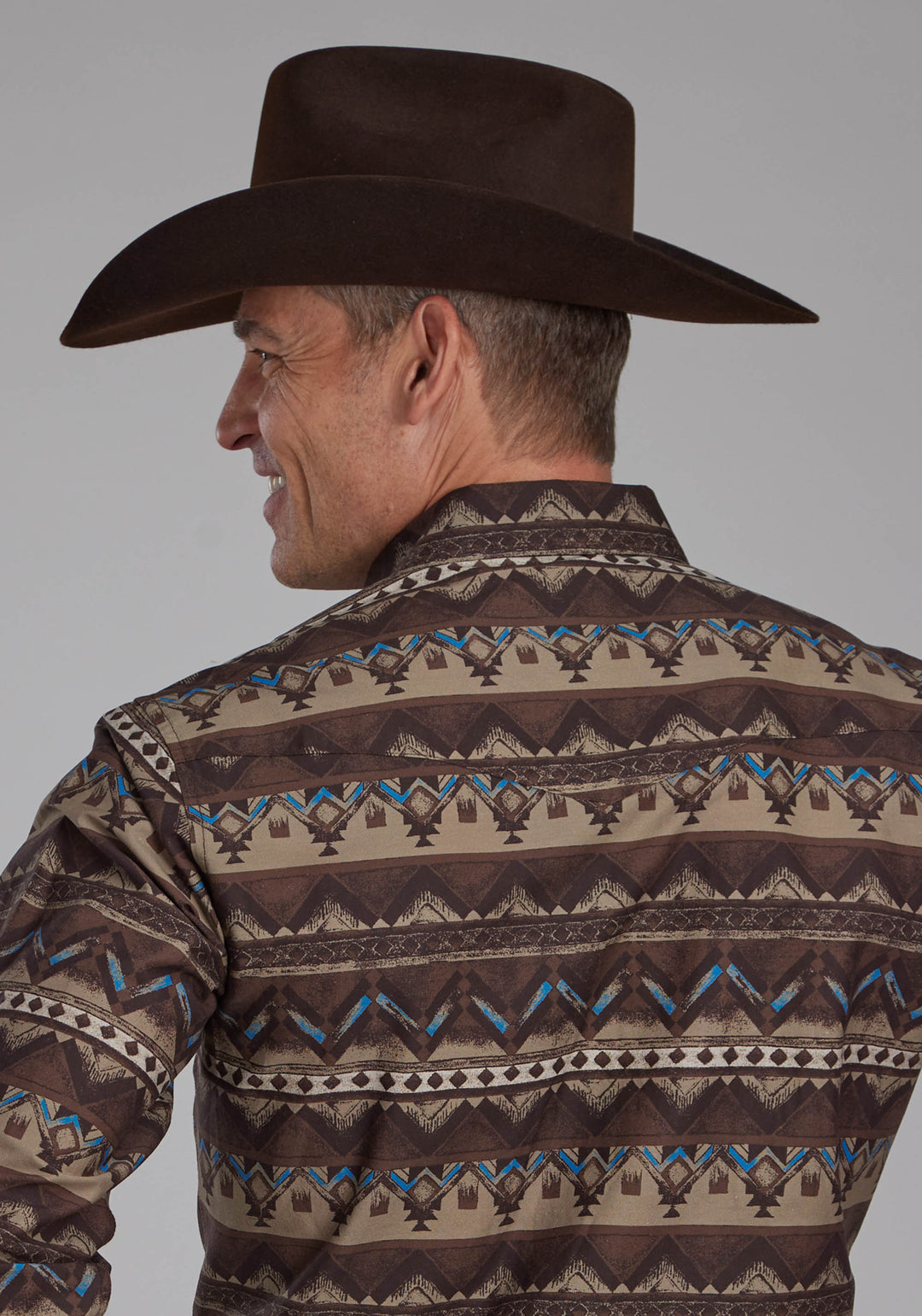 MENS DISTRESSED AZTEC PRINT LONG SLEEVE SNAP WESTERN SHIRT