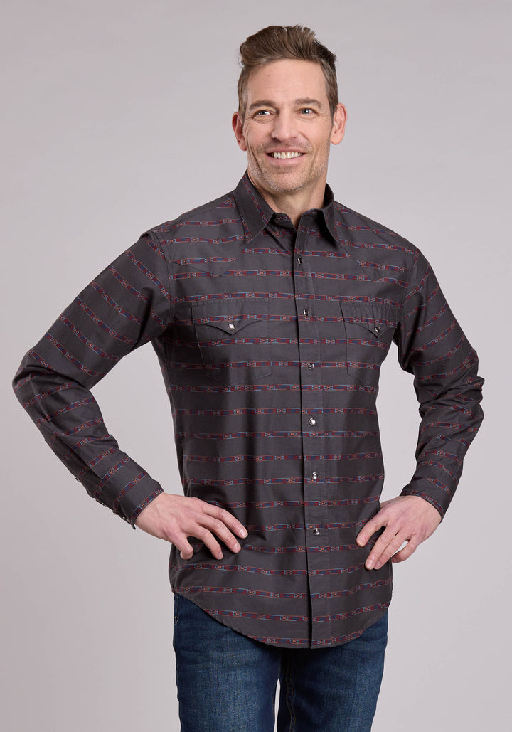 MENS LONG SLEEVE SNAP AZTEC STRIPE WESTERN SHIRT