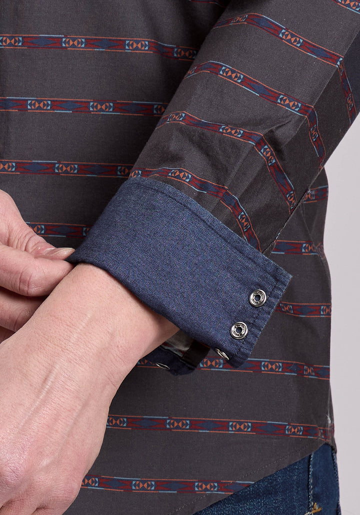 MENS LONG SLEEVE SNAP AZTEC STRIPE WESTERN SHIRT