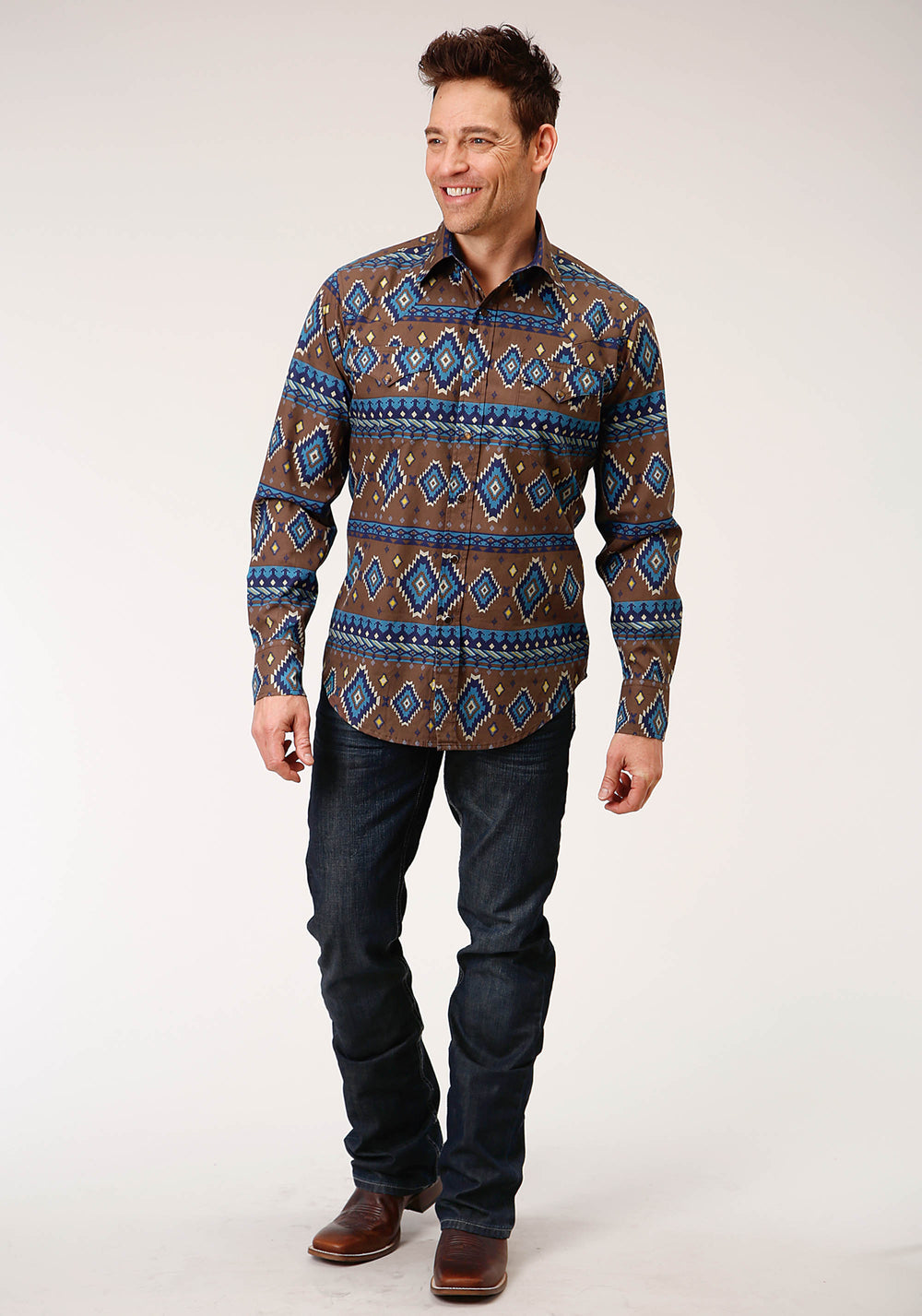 MENS LONG SLEEVE SNAP CHOCOLATE AZTEC PRINT WESTERN SHIRT