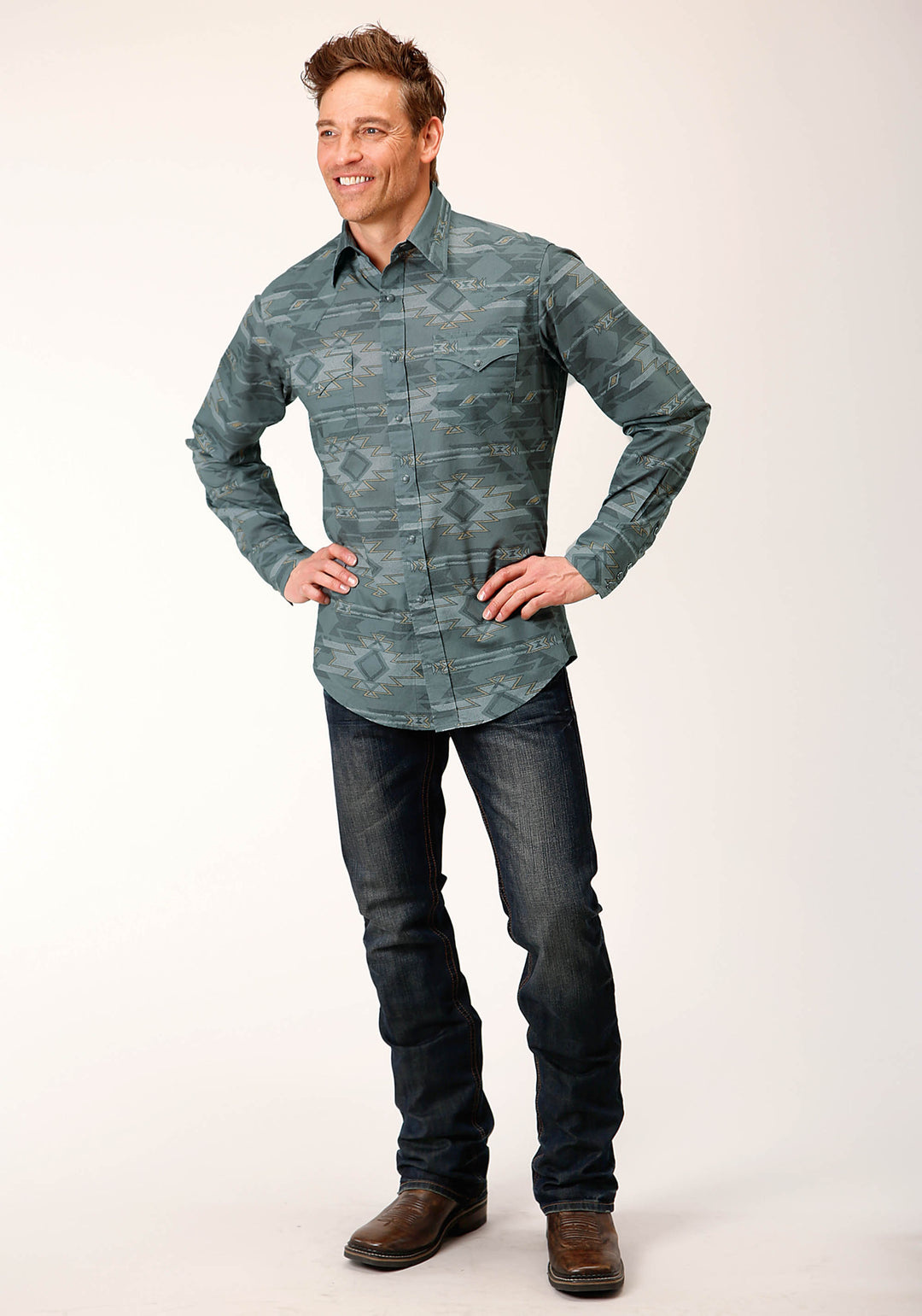 MENS LONG SLEEVE SNAP GRAY FOG AZTEC PRINT WESTERN SHIRT