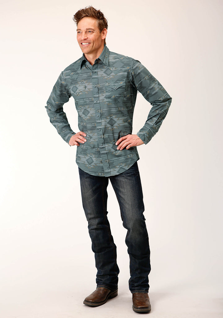 MENS LONG SLEEVE SNAP GRAY FOG AZTEC PRINT WESTERN SHIRT