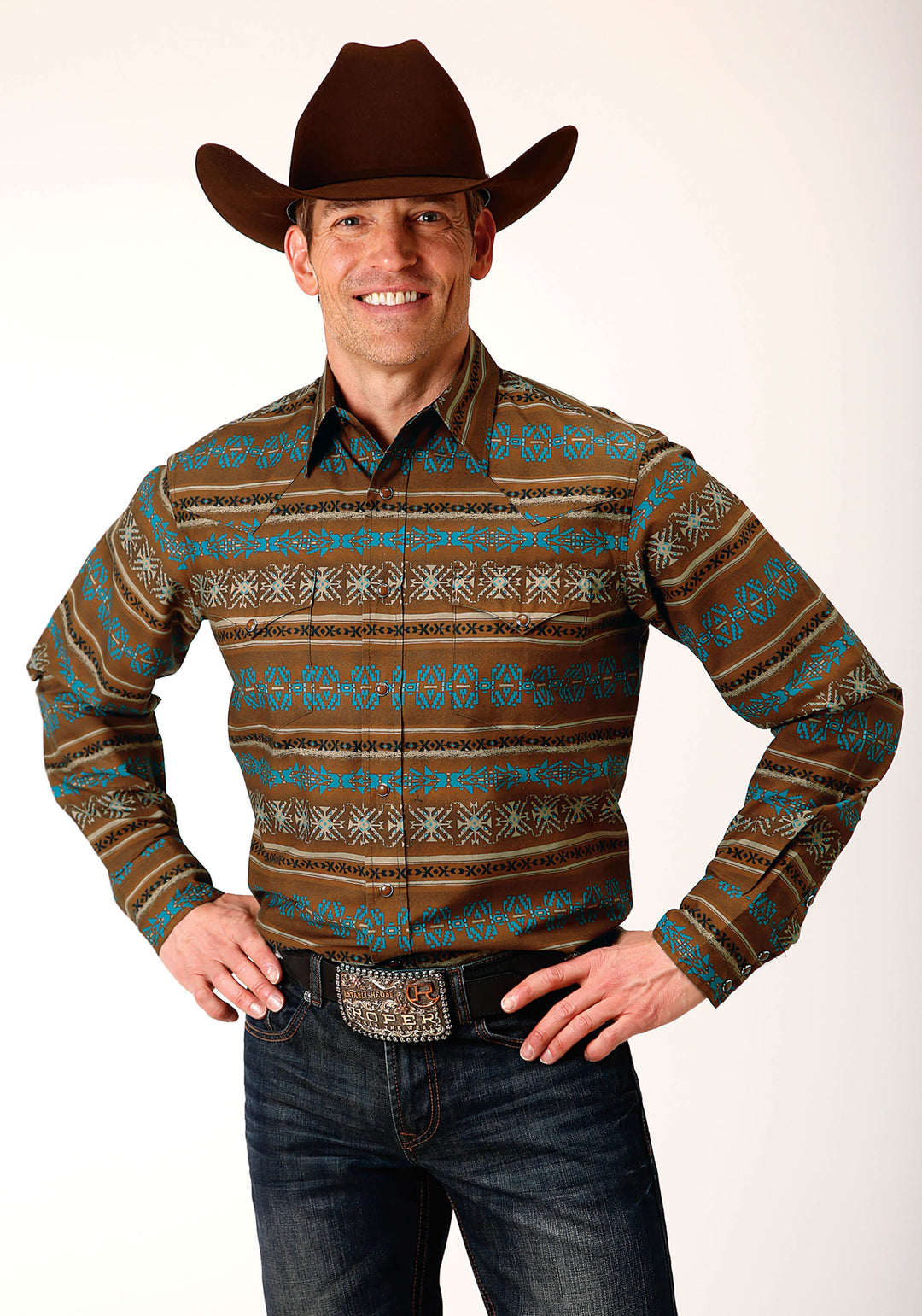 MENS LONG SLEEVE SNAP CLAY AZTEC PRINT WESTERN SHIRT