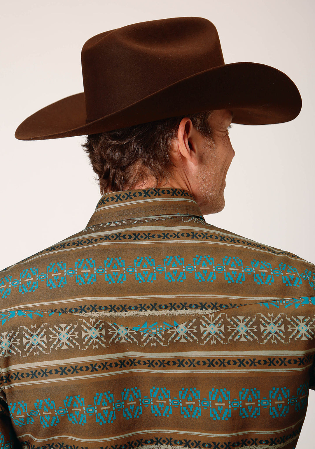 MENS LONG SLEEVE SNAP CLAY AZTEC PRINT WESTERN SHIRT