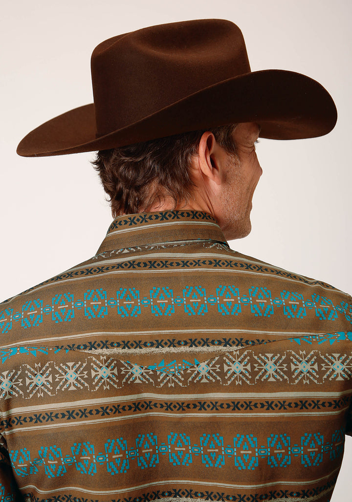 MENS LONG SLEEVE SNAP CLAY AZTEC PRINT WESTERN SHIRT