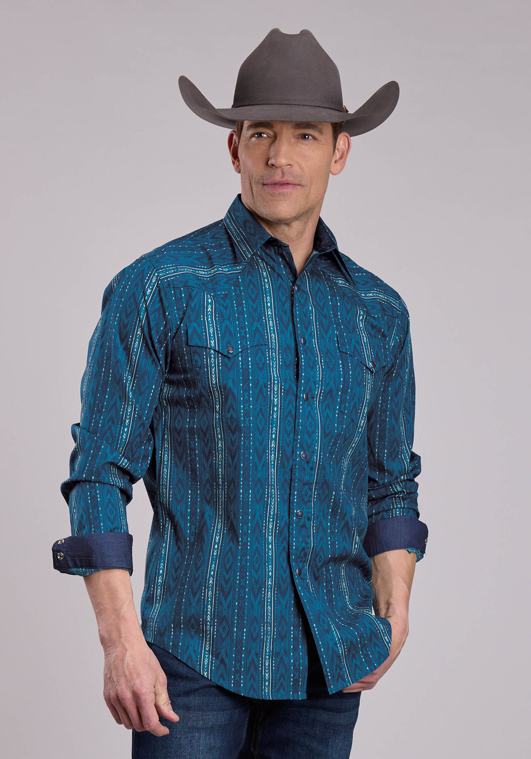 MENS LONG SLEEVE SNAP DIAMOND NAVAJO PRINT WESTERN SHIRT
