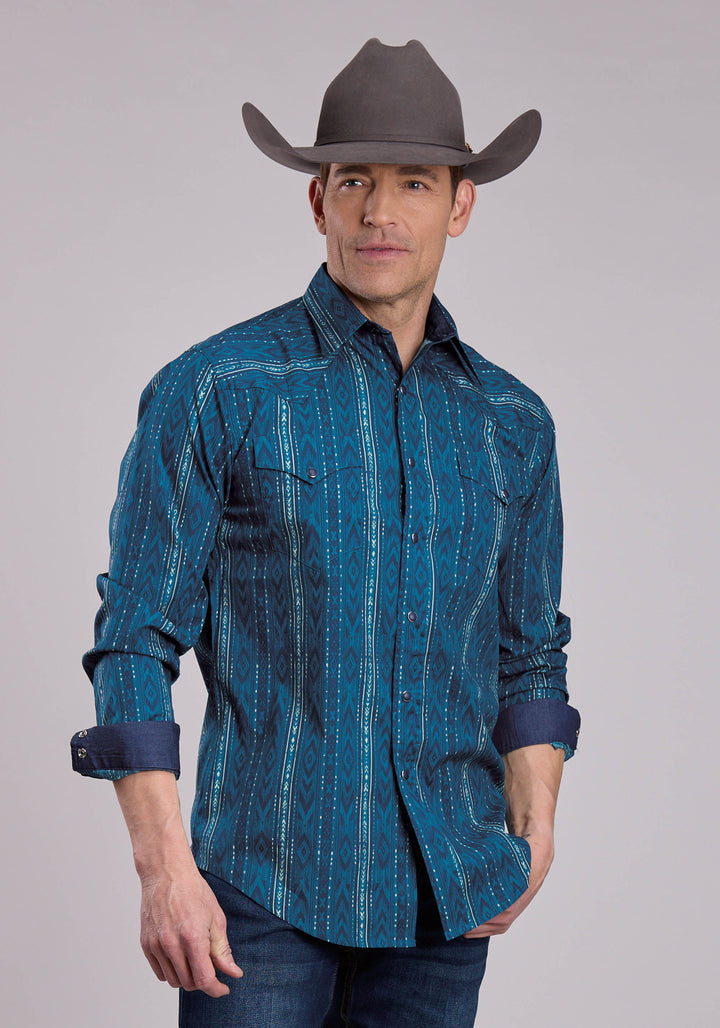 MENS LONG SLEEVE SNAP DIAMOND NAVAJO PRINT WESTERN SHIRT