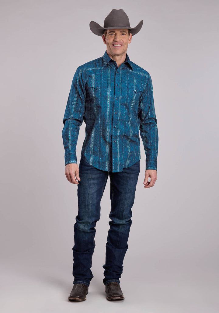 MENS LONG SLEEVE SNAP DIAMOND NAVAJO PRINT WESTERN SHIRT