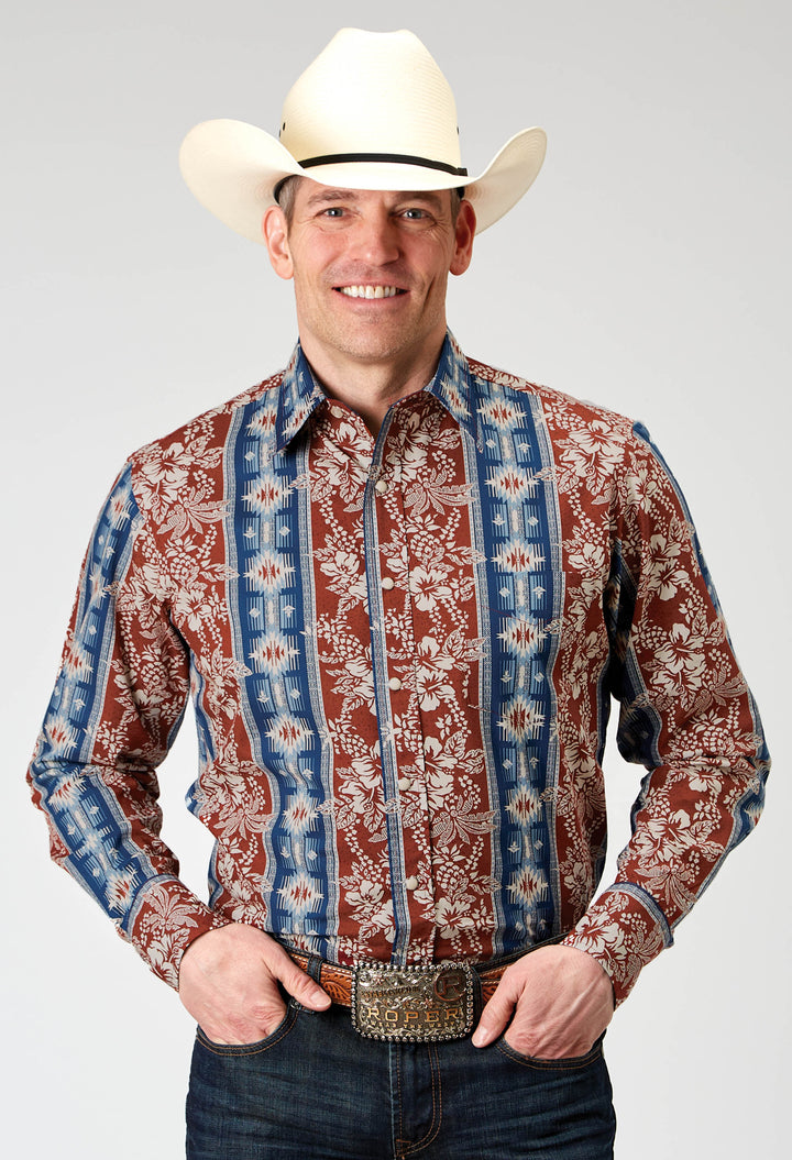 MENS LONG SLEEVE BUTTON VERTICAL TROPICAL AZTEC WESTERN SHIRT