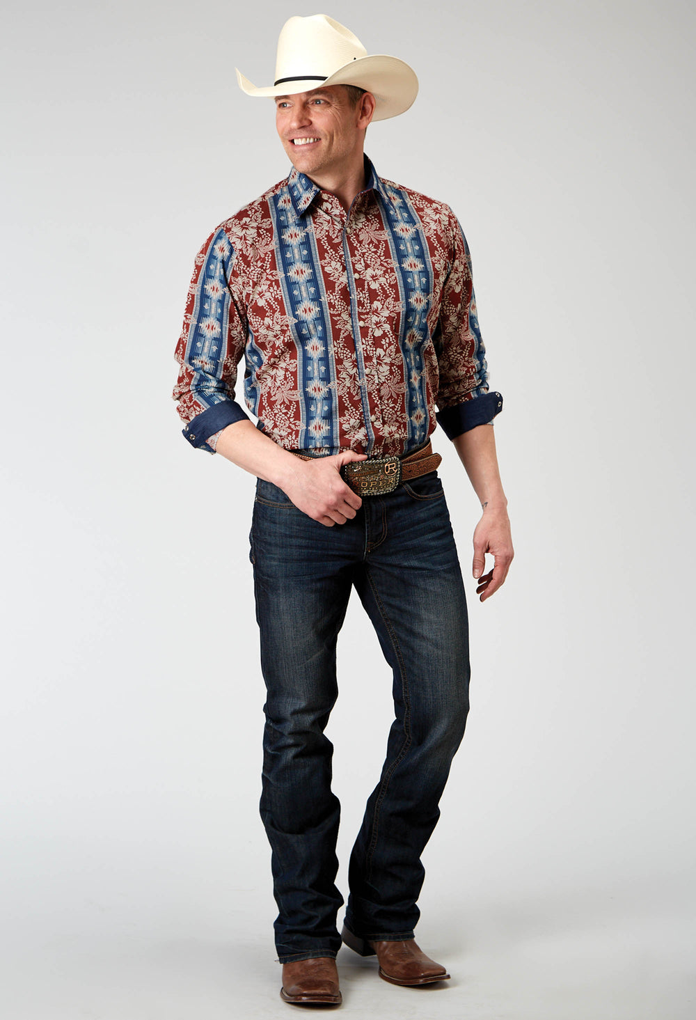 MENS LONG SLEEVE BUTTON VERTICAL TROPICAL AZTEC WESTERN SHIRT