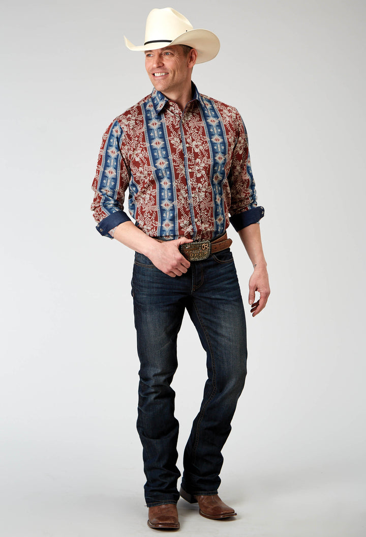 MENS LONG SLEEVE BUTTON VERTICAL TROPICAL AZTEC WESTERN SHIRT