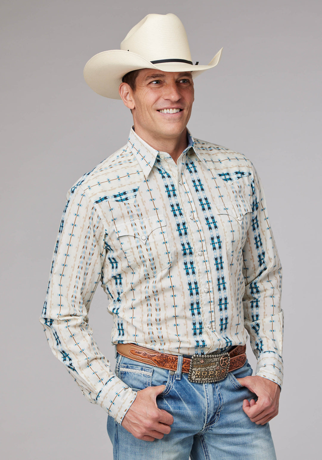 MENS LONG SLEEVE SNAP VERTICAL AZTEC STRIPE WESTERN SHIRT