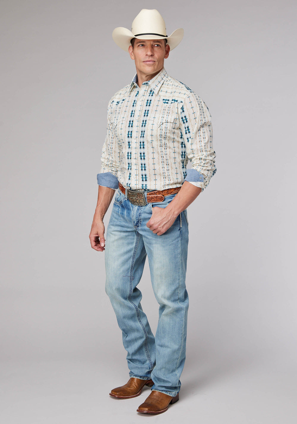 MENS LONG SLEEVE SNAP VERTICAL AZTEC STRIPE WESTERN SHIRT