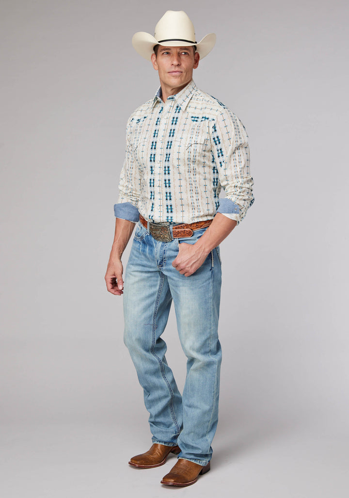 MENS LONG SLEEVE SNAP VERTICAL AZTEC STRIPE WESTERN SHIRT