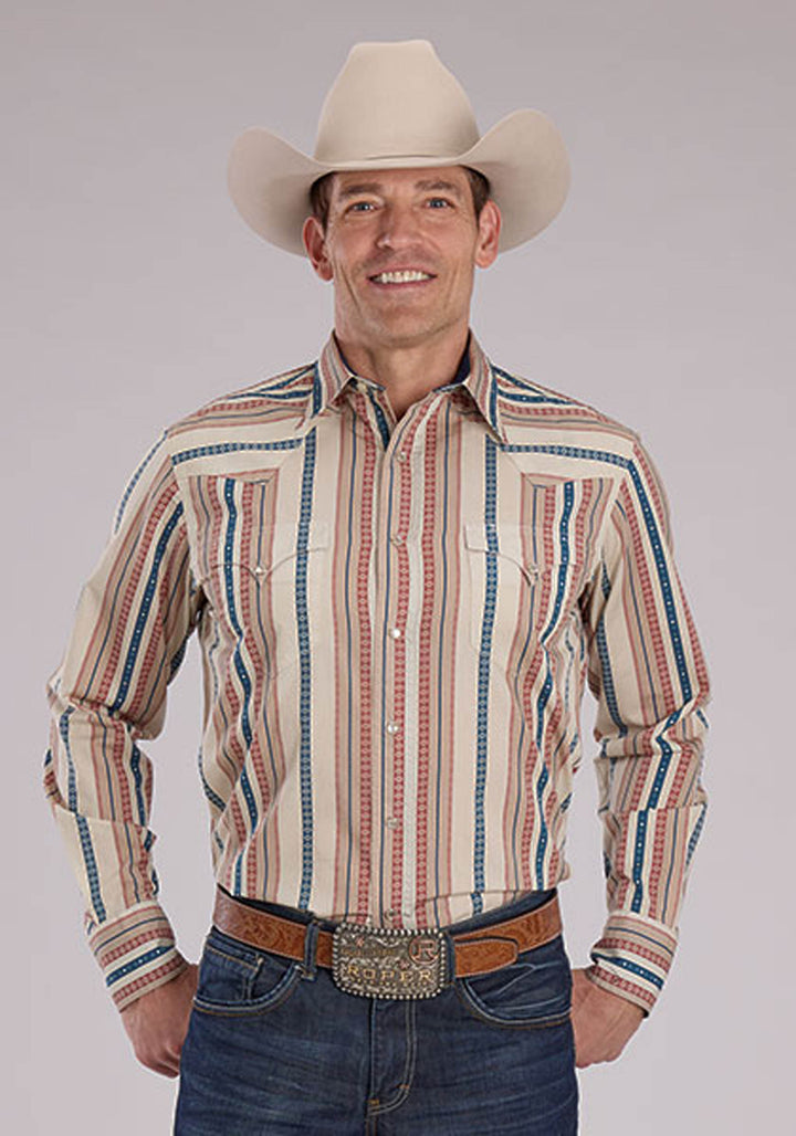 MENS LONG SLEEVE SNAP SOUTHWEST VERTICAL STRIPE WESTERN SHIRT