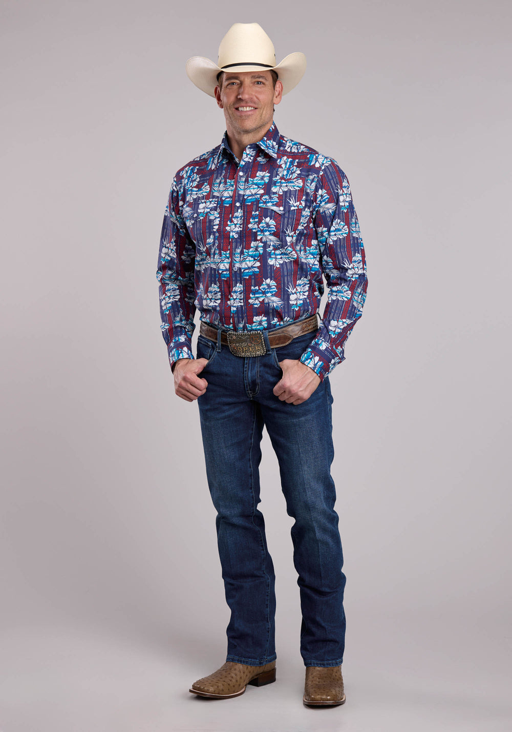 MENS ROPER DISTRESSED TROPICAL AZTEC PRINT LONG SLEEVE SNAP SHIRT