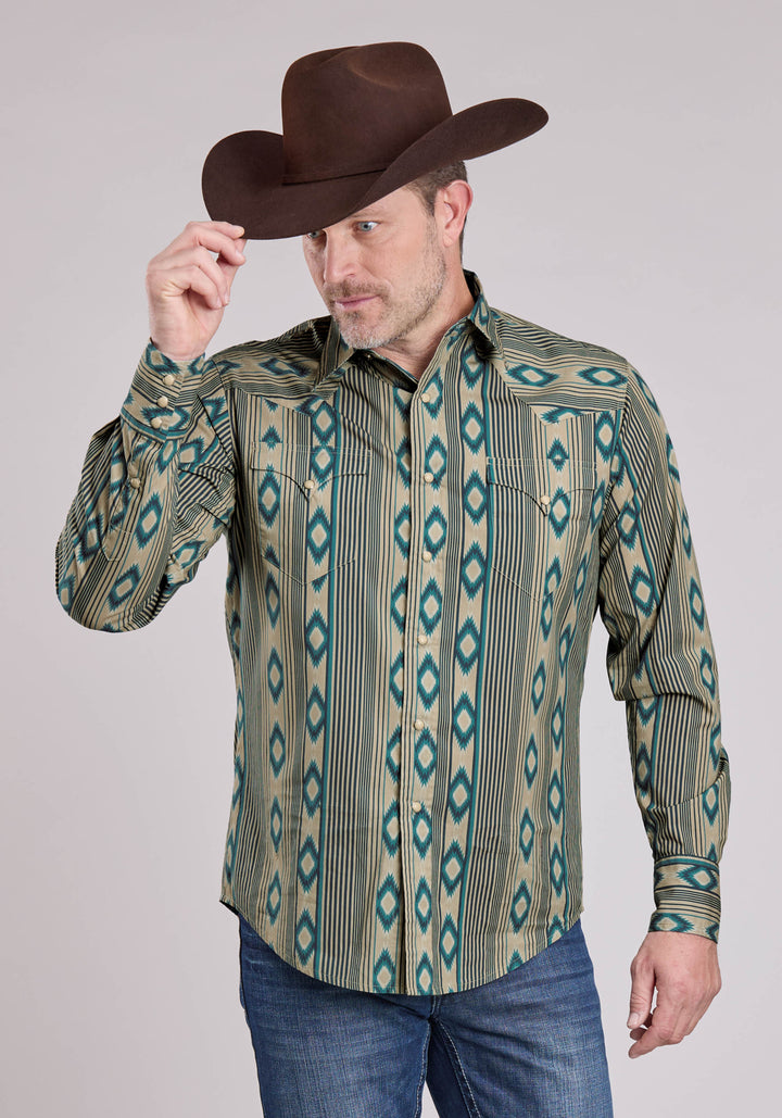 MENS LONG SLEEVE SNAP NAVAJO STRIPES PRINT WESTERN SHIRT