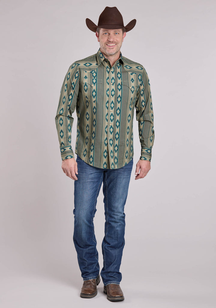 MENS LONG SLEEVE SNAP NAVAJO STRIPES PRINT WESTERN SHIRT