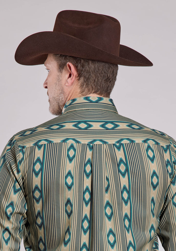 MENS LONG SLEEVE SNAP NAVAJO STRIPES PRINT WESTERN SHIRT