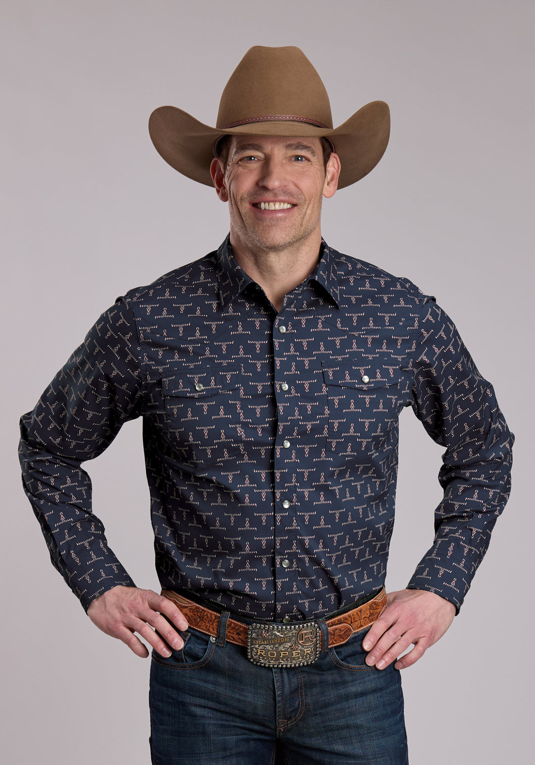 MENS ROPER LONGHORN PRINT LONG SLEEVE SNAP SHIRT