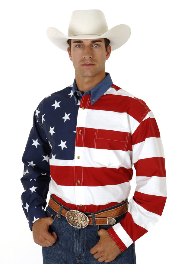 MENS RED WHITE AND BLUE STARS AND STRIPES PIECED AMERICAN FLAG LONG SLEEVE WESTERN SNAP SHIRT