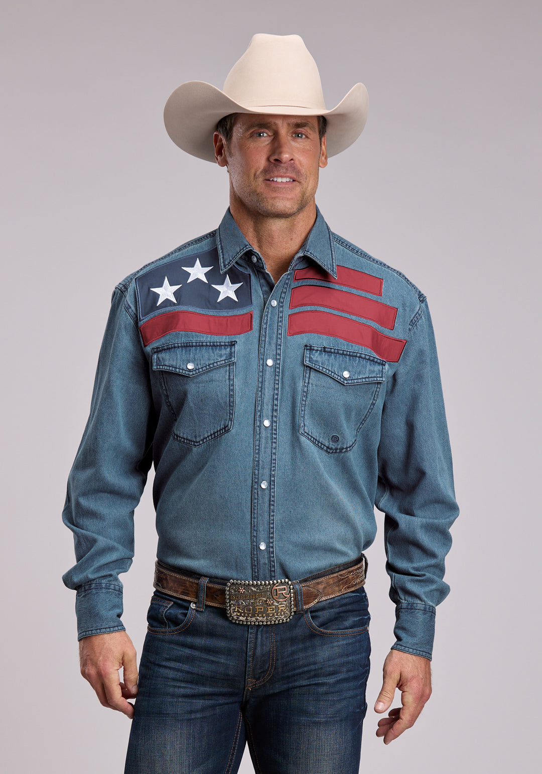 Mens Roper Medium Blue Denim Long Sleeve Snap Shirt