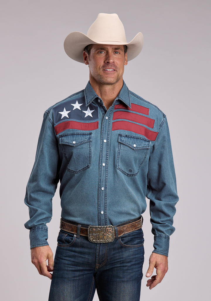 Mens Roper Medium Blue Denim Long Sleeve Snap Shirt