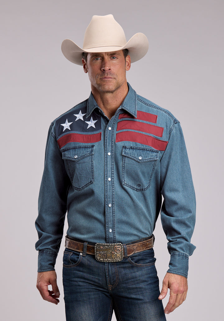 Mens Roper Medium Blue Denim Long Sleeve Snap Shirt