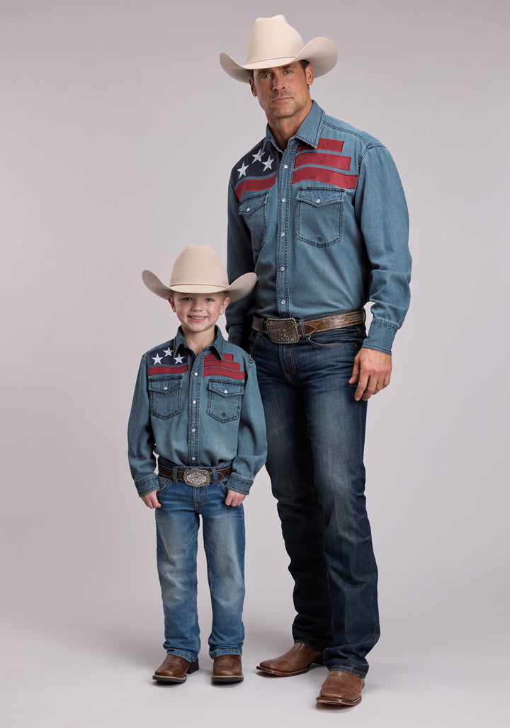 Mens Roper Medium Blue Denim Long Sleeve Snap Shirt