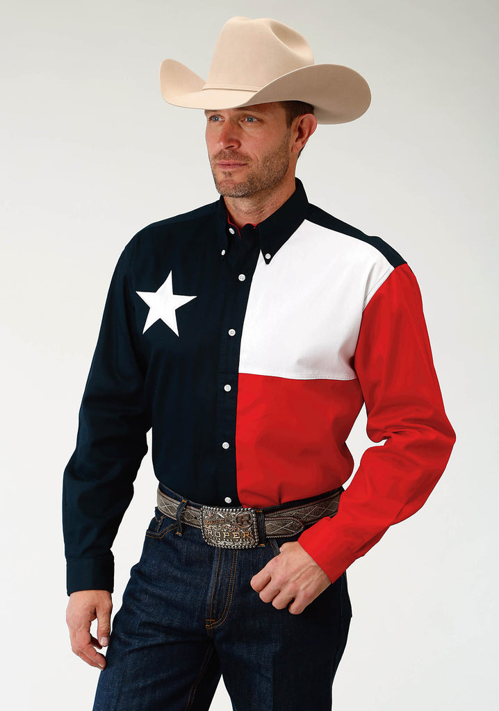 Mens Red White And Blue Pieced Texas Flag Long Sleeve Western Snap