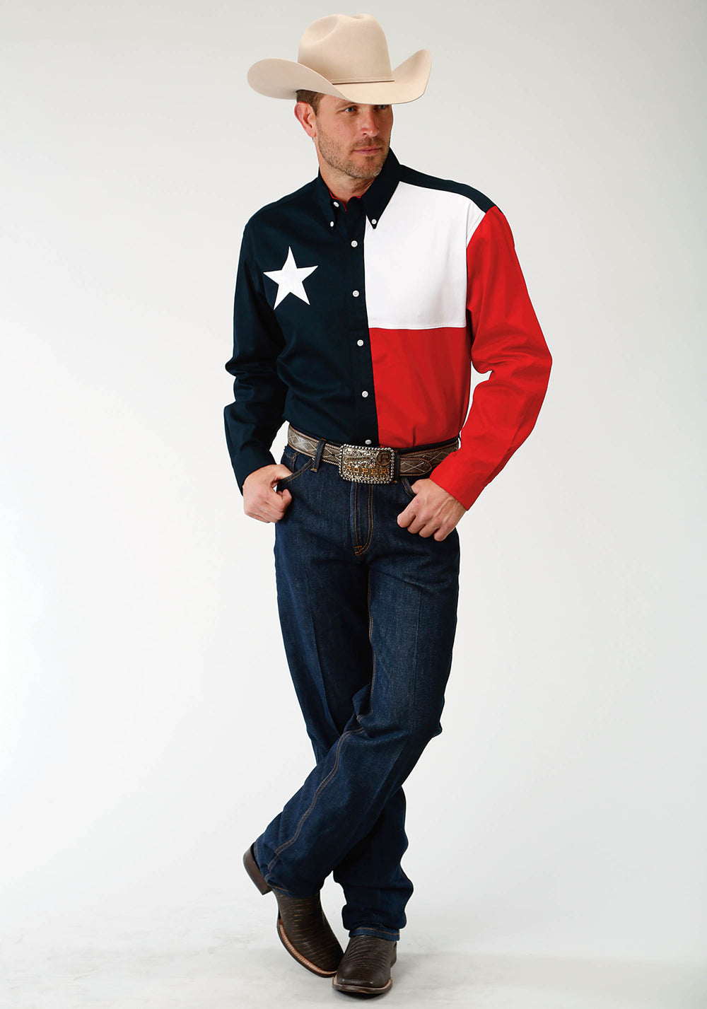MENS RED WHITE AND BLUE PIECED TEXAS FLAG LONG SLEEVE WESTERN SNAP SHIRT