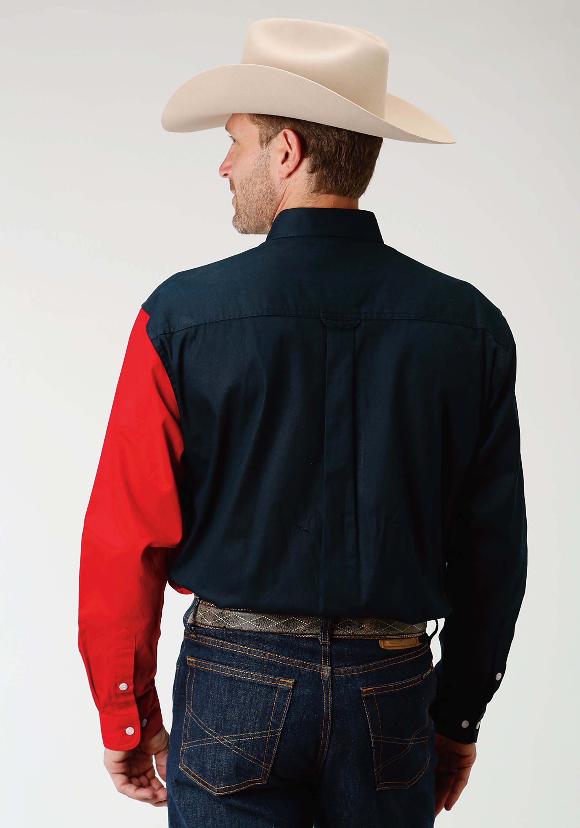 Mens Red White And Blue Pieced Texas Flag Long Sleeve Western Snap