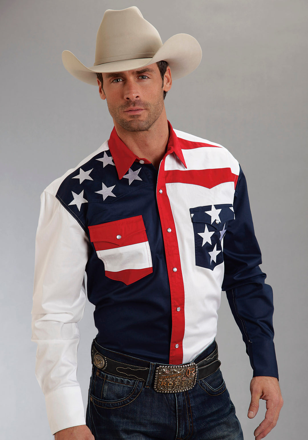 MENS RED WHITE AND BLUE COLORBLOCKED PIECED LONG SLEEVE WESTERN SNAP SHIRT