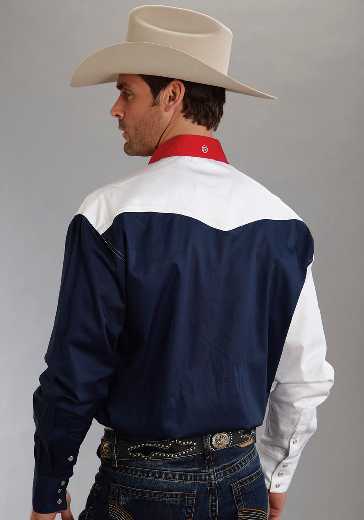 MENS RED WHITE AND BLUE COLORBLOCKED PIECED LONG SLEEVE WESTERN SNAP SHIRT