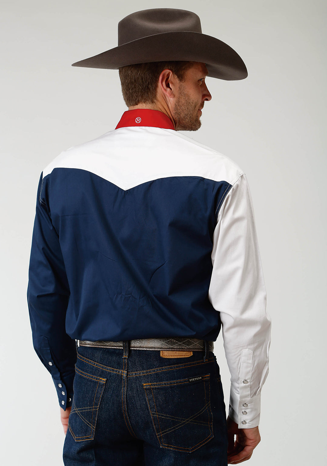 MENS RED WHITE AND BLUE COLORBLOCKED PIECED LONG SLEEVE WESTERN SNAP SHIRT