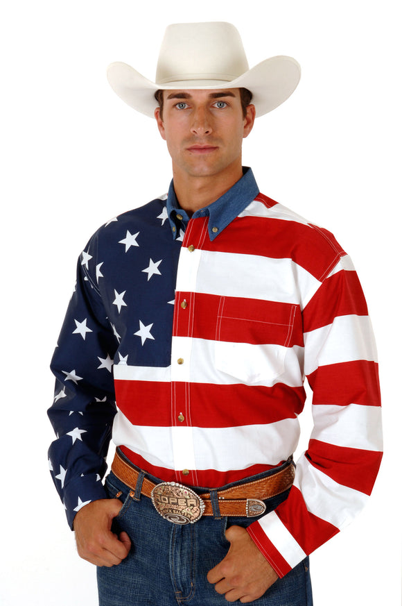 MENS RED WHITE AND BLUE STARS AND STRIPES PIECED AMERICAN FLAG LONG SLEEVE WESTERN SNAP SHIRT TALL FIT