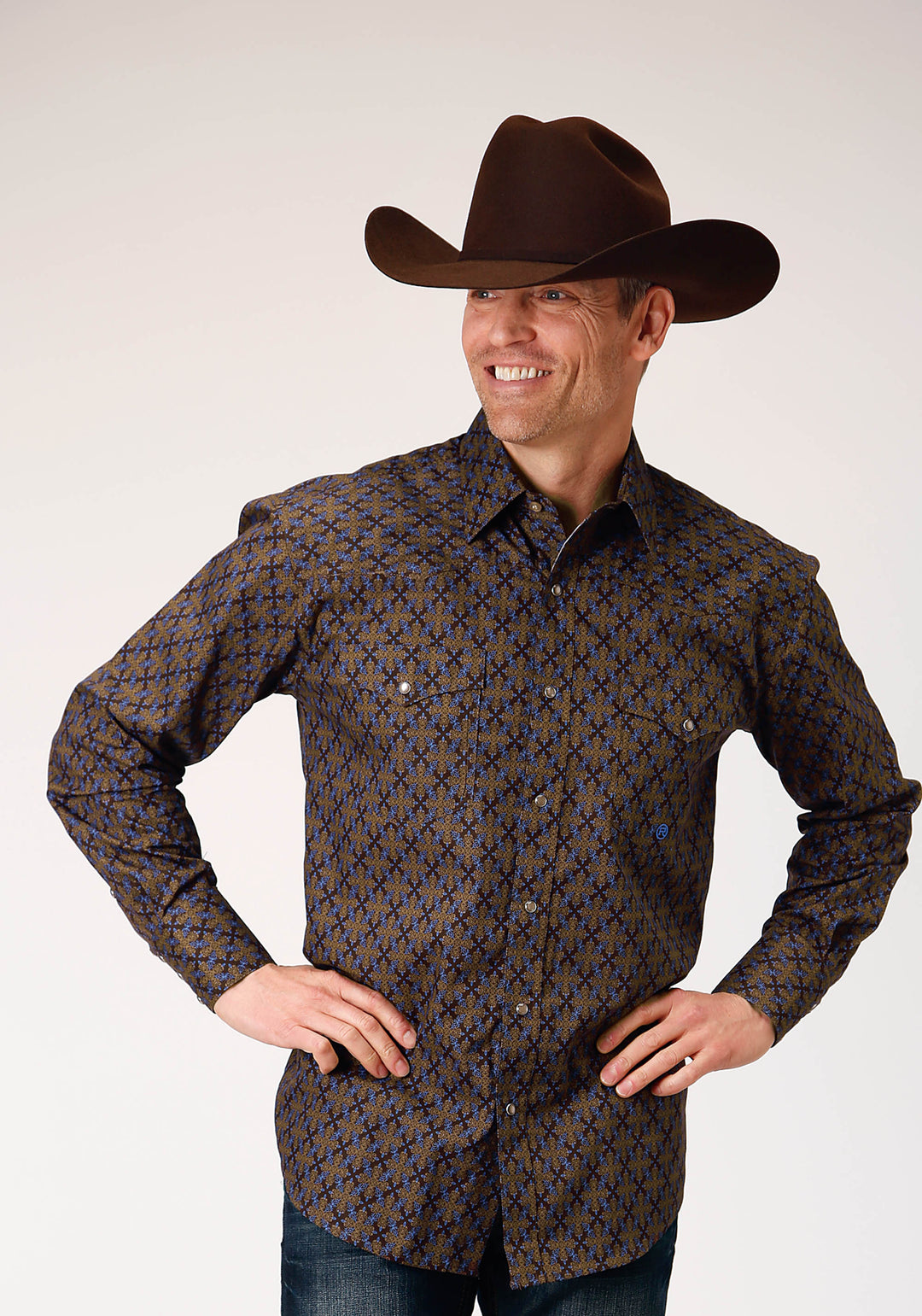 MENS LONG SLEEVE SNAP DIAMOND MEDALLION WESTERN SHIRT