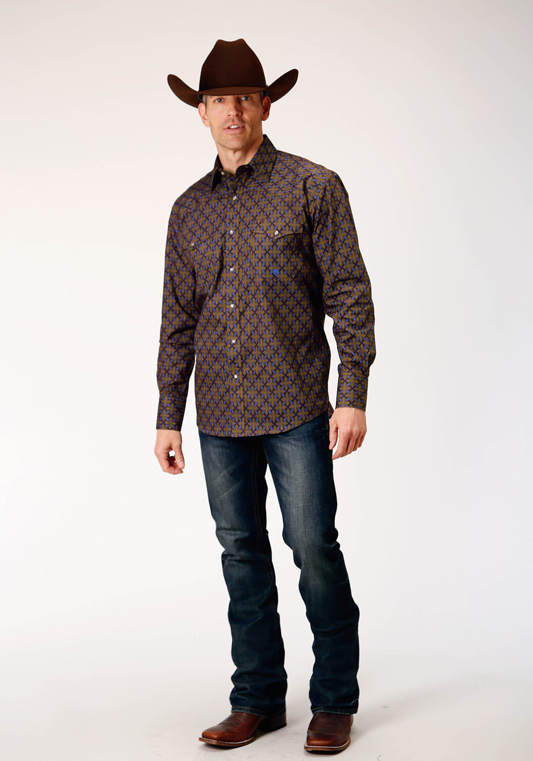 MENS LONG SLEEVE SNAP DIAMOND MEDALLION WESTERN SHIRT