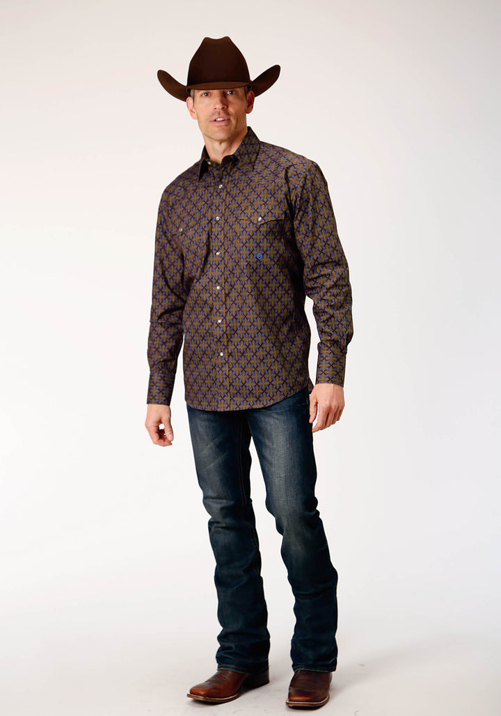 MENS LONG SLEEVE SNAP DIAMOND MEDALLION WESTERN SHIRT