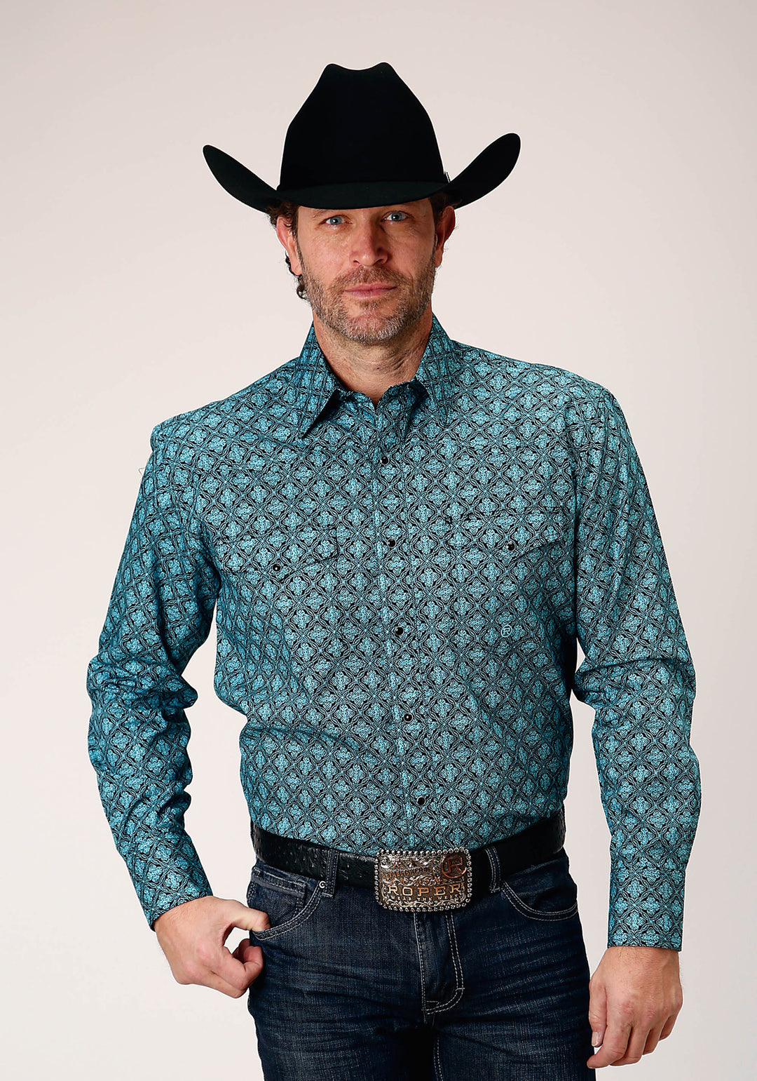 MENS LONG SLEEVE SNAP LATTICE MEDALLION PRINT WESTERN SHIRT