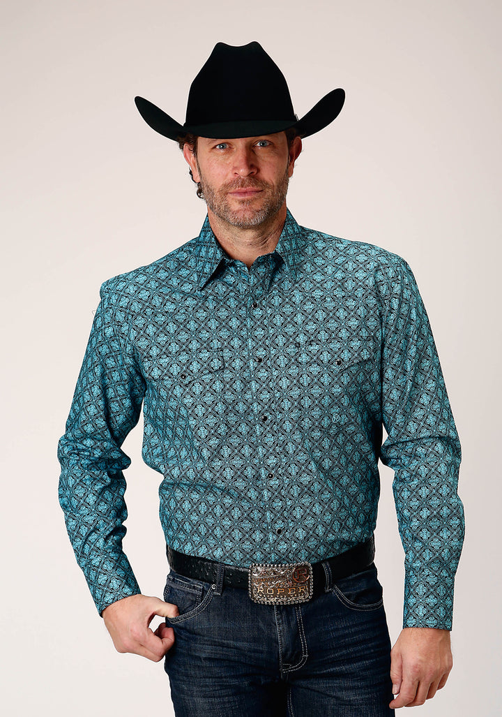 MENS LONG SLEEVE SNAP LATTICE MEDALLION PRINT WESTERN SHIRT