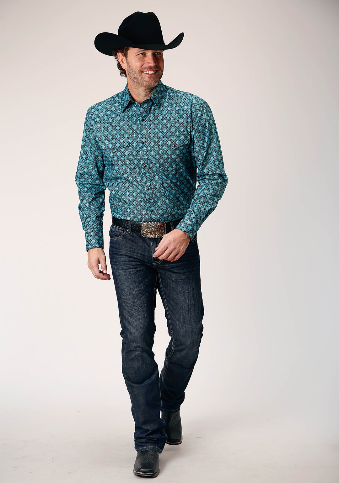 MENS LONG SLEEVE SNAP LATTICE MEDALLION PRINT WESTERN SHIRT