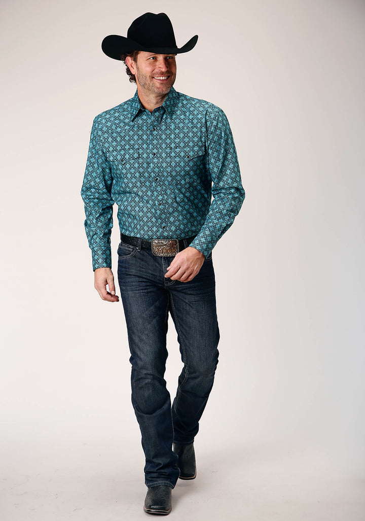 MENS LONG SLEEVE SNAP LATTICE MEDALLION PRINT WESTERN SHIRT
