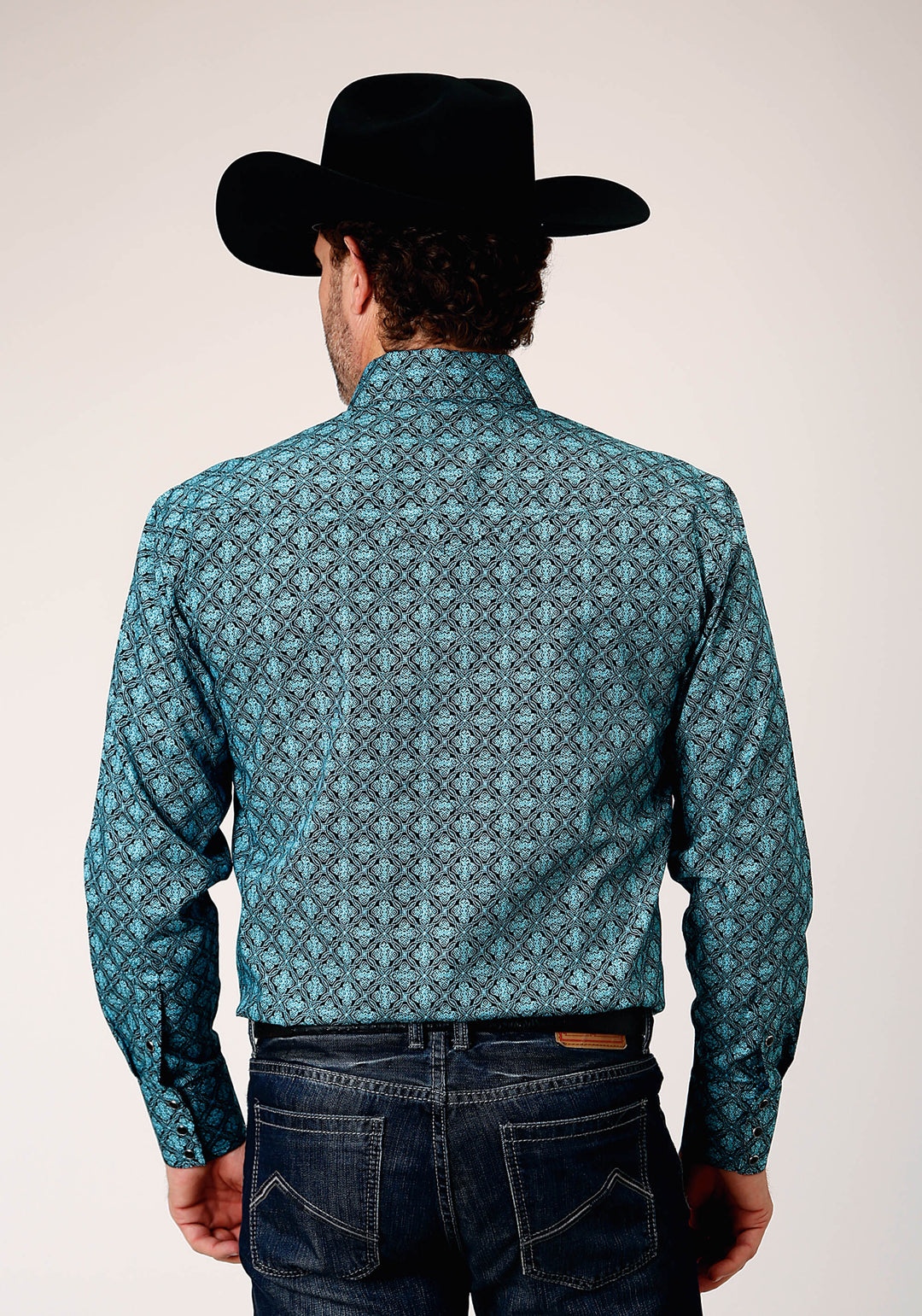 MENS LONG SLEEVE SNAP LATTICE MEDALLION PRINT WESTERN SHIRT