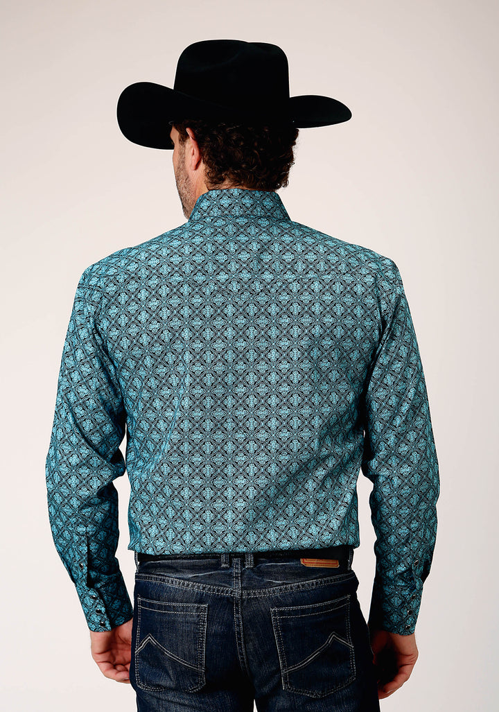 MENS LONG SLEEVE SNAP LATTICE MEDALLION PRINT WESTERN SHIRT